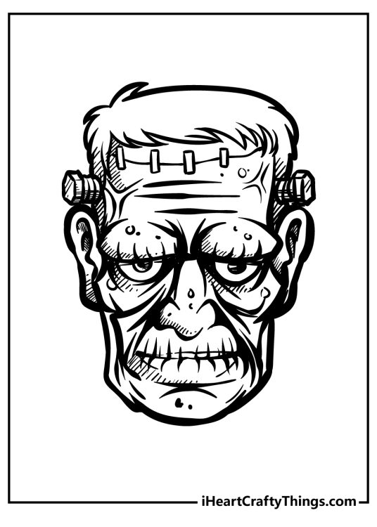Printable pdf depicting simultaneously stylistic and terrifying portrayal of Frankenstein