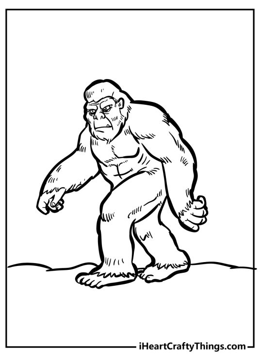 Free coloring page for kids featuring Bigfoot on the move with serious facial expression