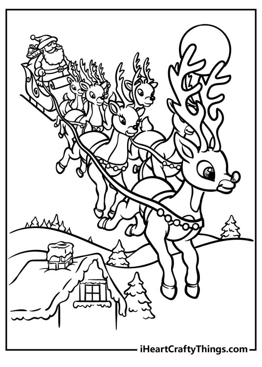 Santa Claus delivering Christmas presents in his sleigh with reindeer