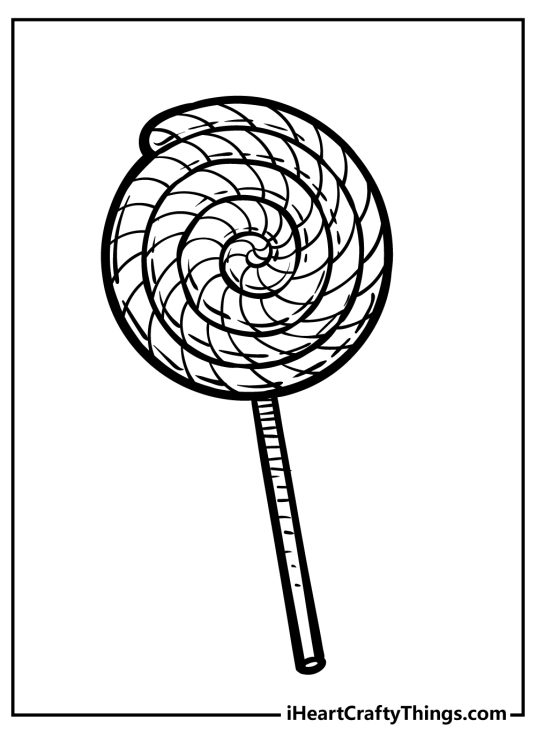 Dessert-themed printable drawing for children featuring a delicious swirl lollipop