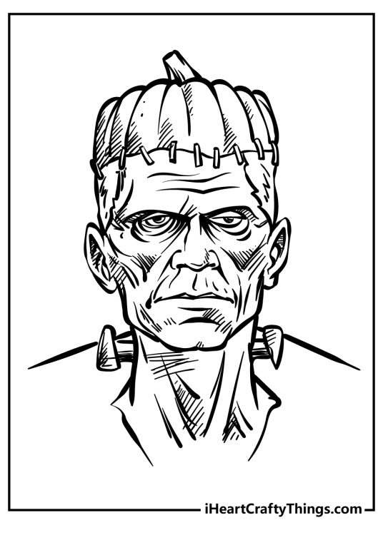 Frankenstein coloring picture featuring monster with a pumpkin for the top of his head