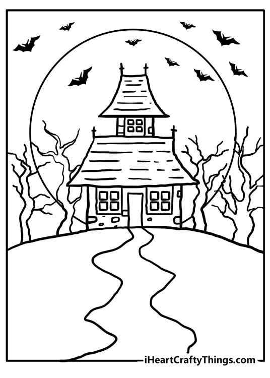 Coloring page presentiing mysterious haunted house with enormous full moon and flying bats behind it