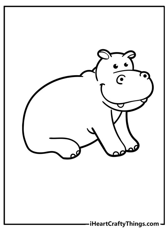 Printable coloring sheet featuring a giant sitting hippo drawn in a cartoony style