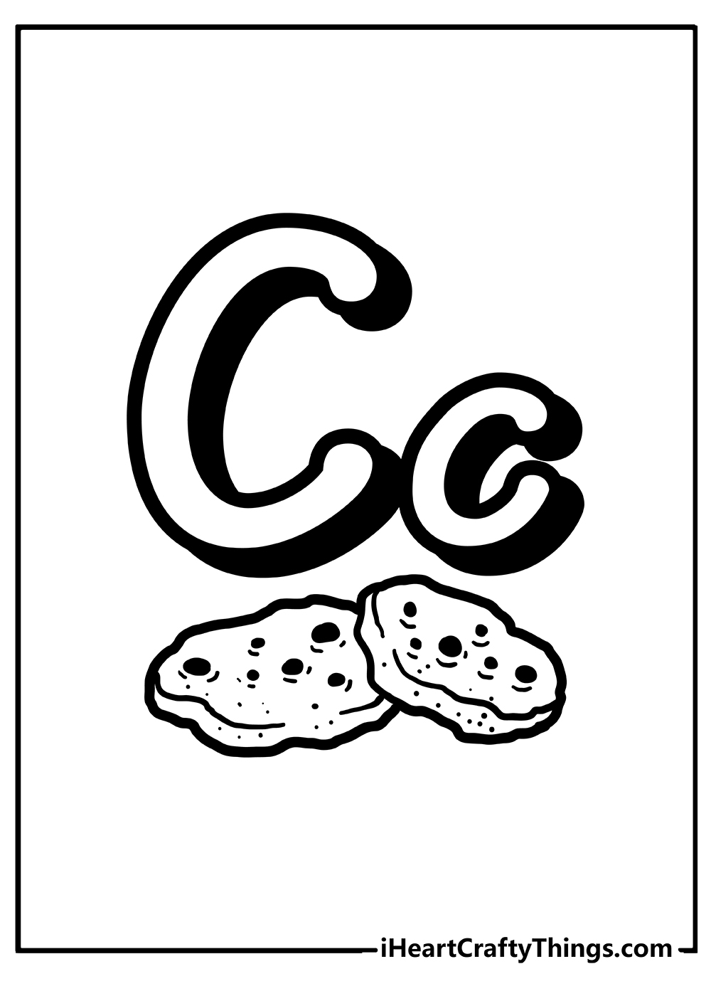 Free printable of an uppercase and lowercase letter C and two delicious cookies underneath to color