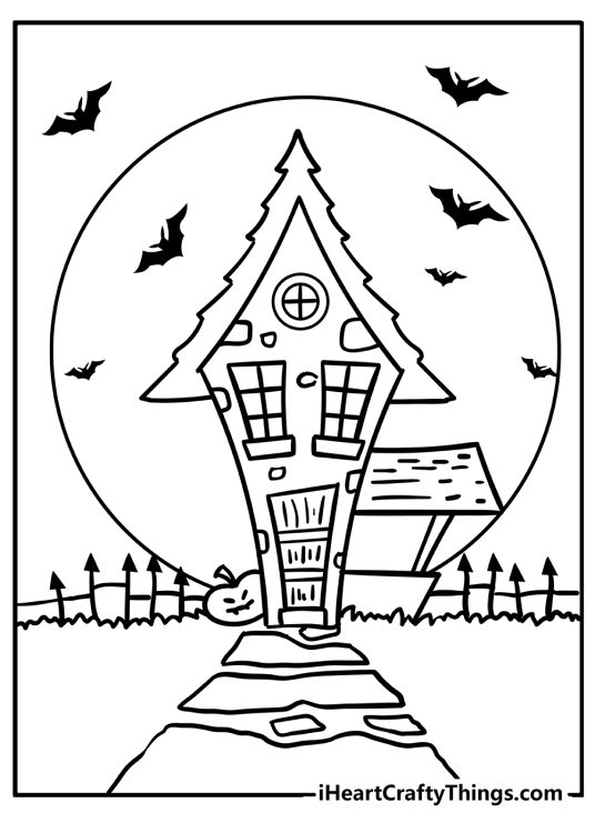 Picture to color featuring strange shape haunted house with huge full moon and bats in the background