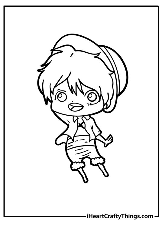 Chibi coloring poster of a pirate Monkey D Luffy from One Piece in his iconic pirate suit and straw hat