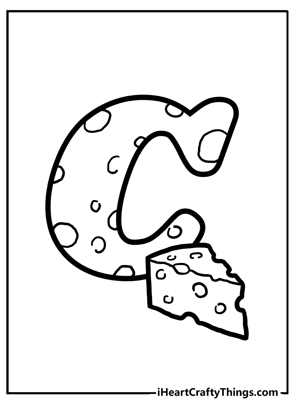 Coloring sheet of a cheesy letter C with a piece of cheese on the right side