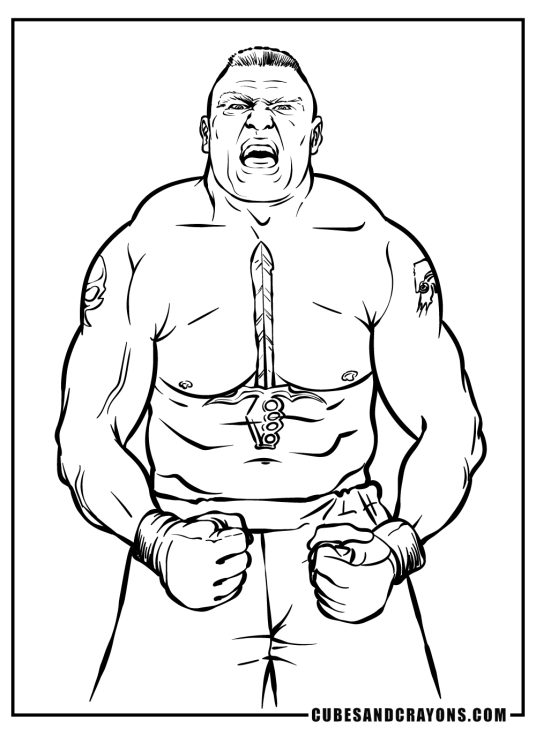 Coloring picture featuring an intense and realistic portrayal of WWE wrestler Brock Lesnar