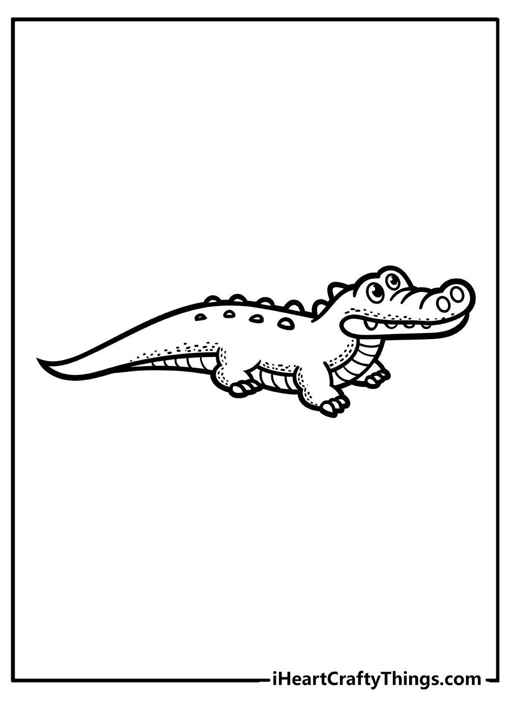 Coloring picture for kids featuring cartoony crocodile laying on his belly with closed jaw looking up right