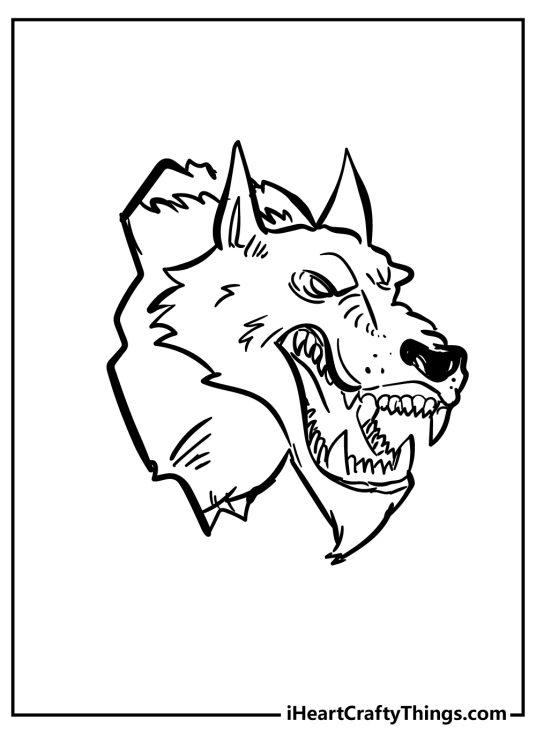 Printable coloring pdf featuring a close-up on the head and face of the werewolf reminding a hunting trophy