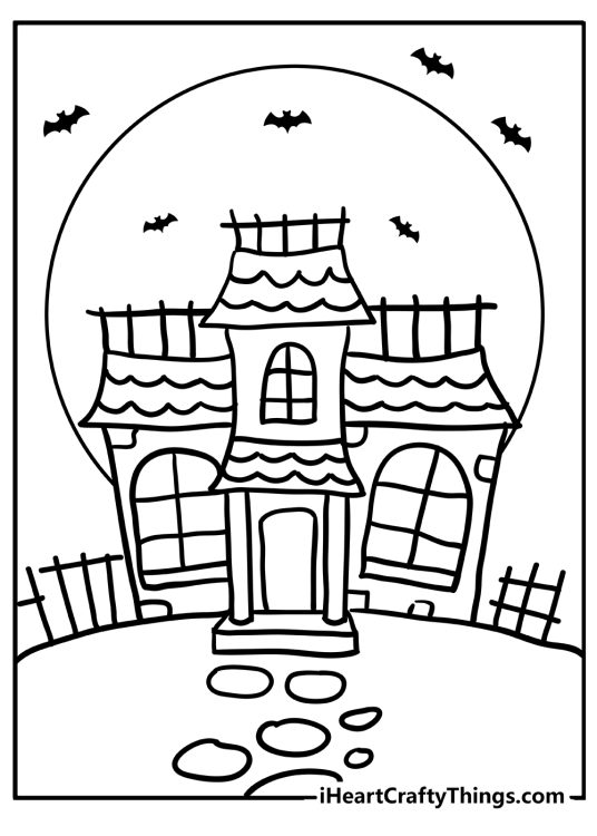 Picture for kids of a simple design haunted house with large windows and bats flying around it