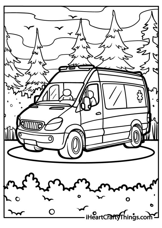Detailed coloring page for adults featuring an amazing ambulance on a spotlight surrounded by nature