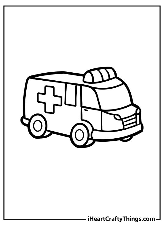 Printable coloring sheet for children featuring a three-quarters view of an ambulance car