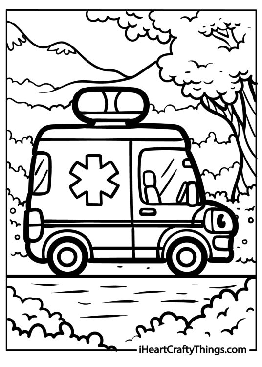 Detailed coloring page of an ambulance speeding on the road with greenery and mountains behind it