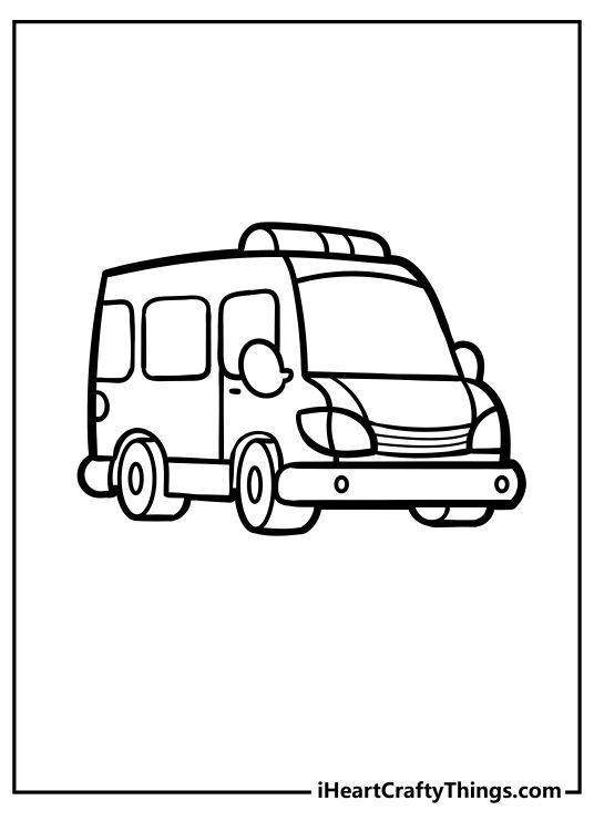Detailed coloring sheet for children of an ambulance heading towards us at an angle