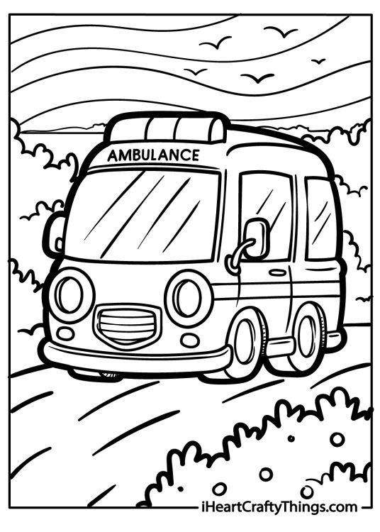 Free printable depicting a realistic-looking ambulance on the road with bushes behind it