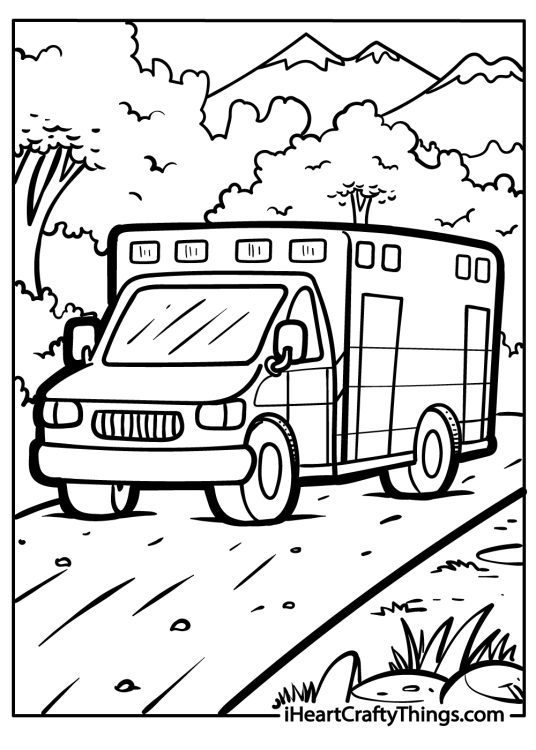 Picture presenting big ambulance car driving on a road with some trees and mountains in the background