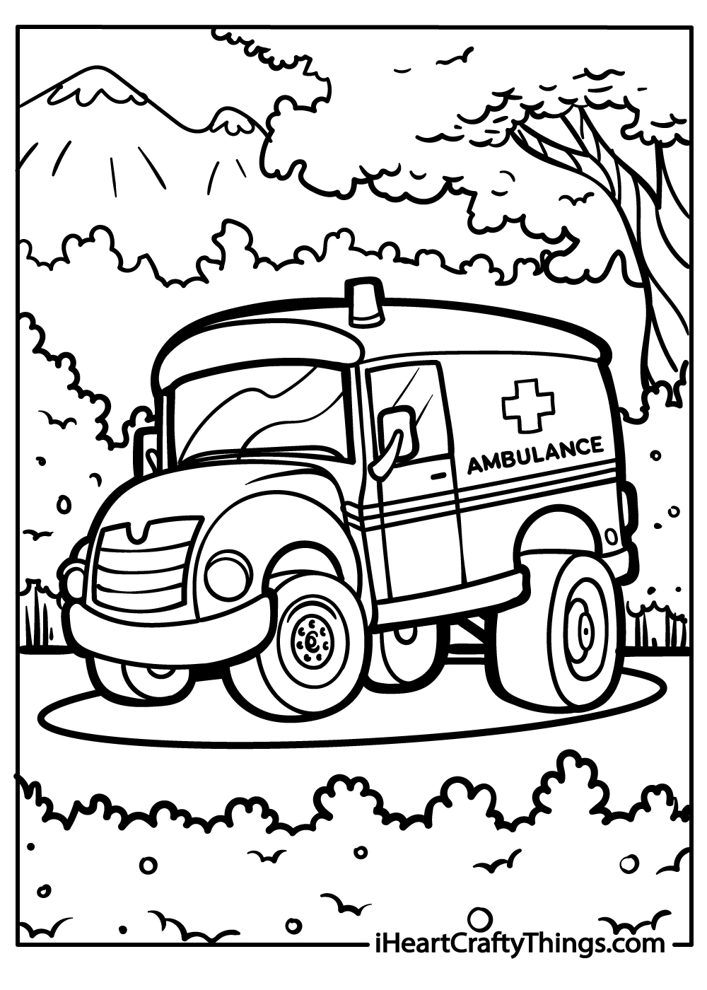 black-and-white ambulance coloring printable