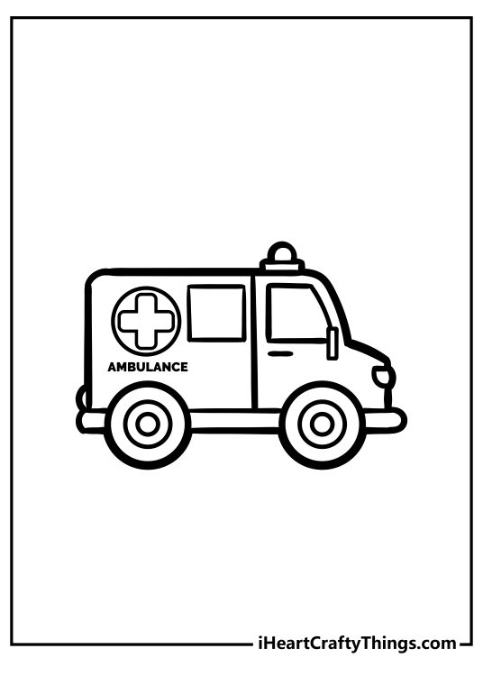 Free printable coloring image presenting side view of an ambulance facing right side