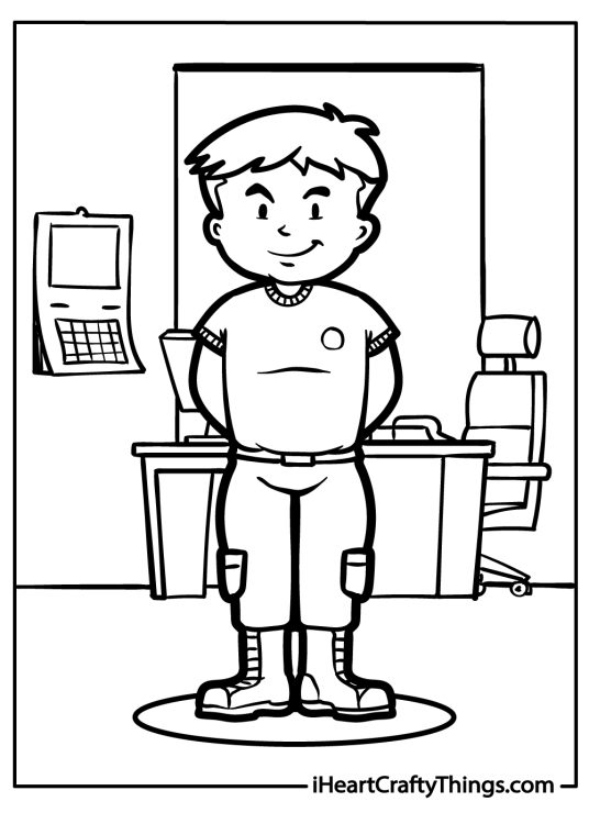 Printable coloring page of a soldier wearing short-sleeve t-shirt standing in the office with hands behind his back