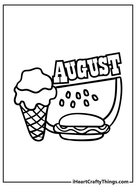 Picture presenting word August with an ice cream hamburger and watermelon slice underneath it