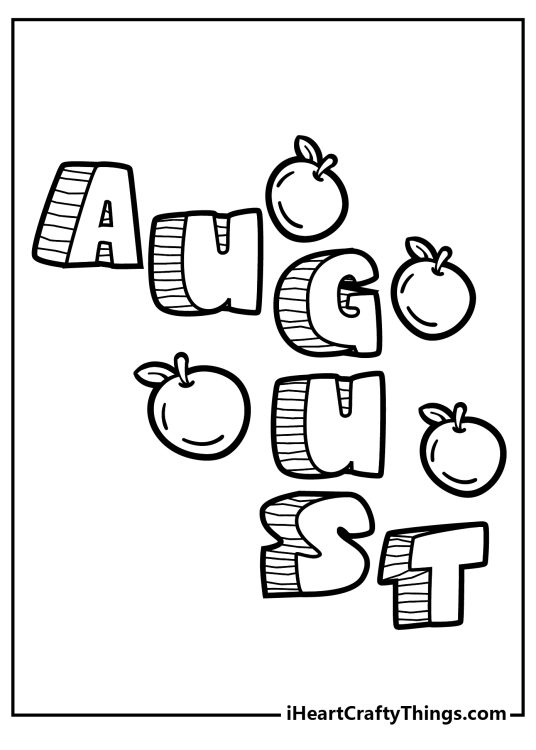 Printable picture for pre-schoolers showing a few apples surrounding the word August