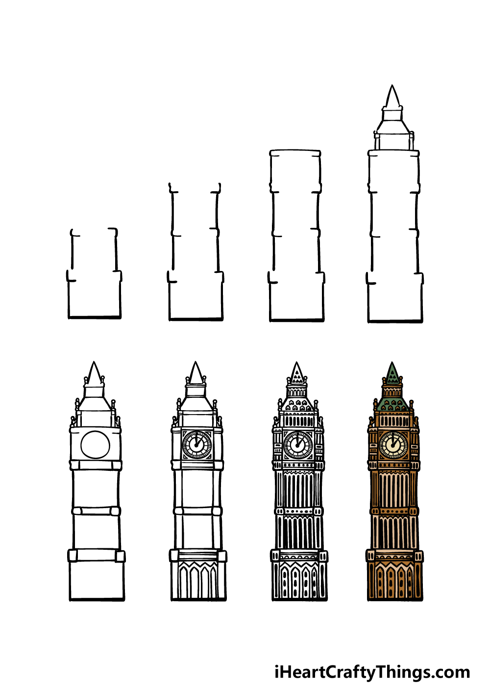 how to draw Big Ben in 8 steps