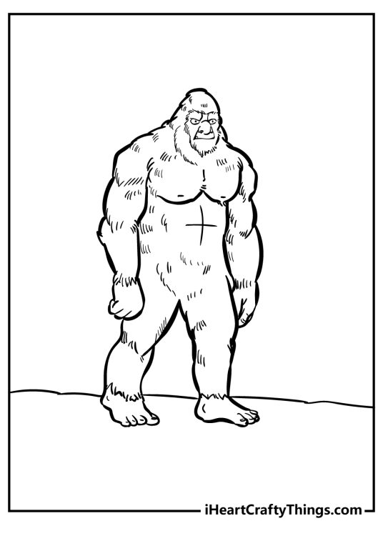 Coloring page for kids featuring Bigfoot drawn in quite simple style with clear background behind him
