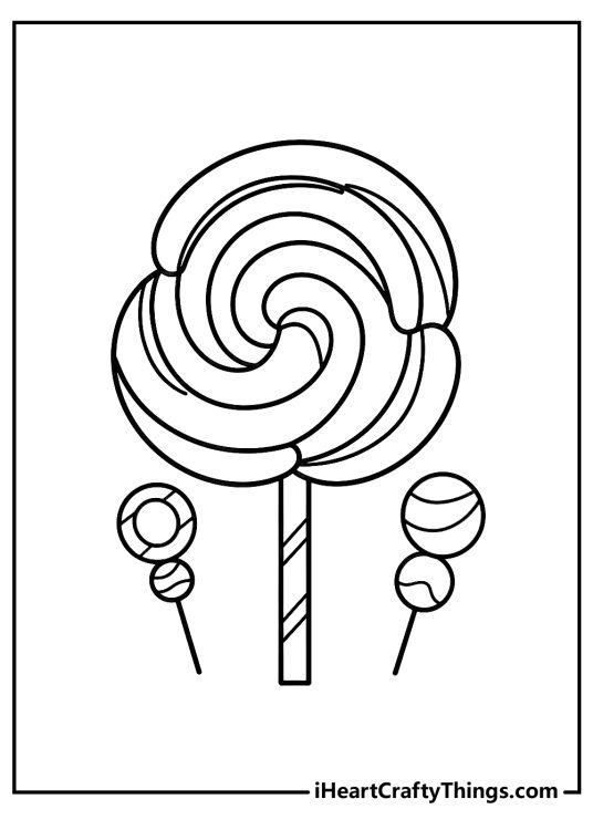 Candy-themed image featuring huge swirly lollipop in the center and two smaller candies on the sides