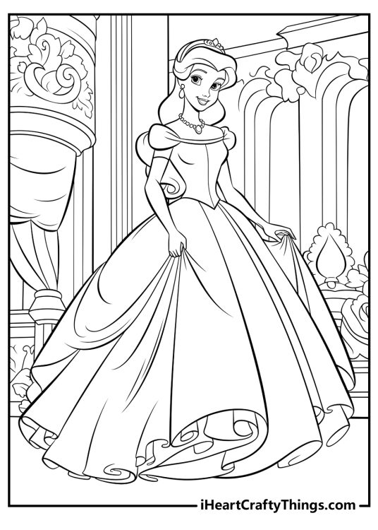 Coloring page featuring beautiful Cinderella in a magnificent palace with elegant pillars and decorations