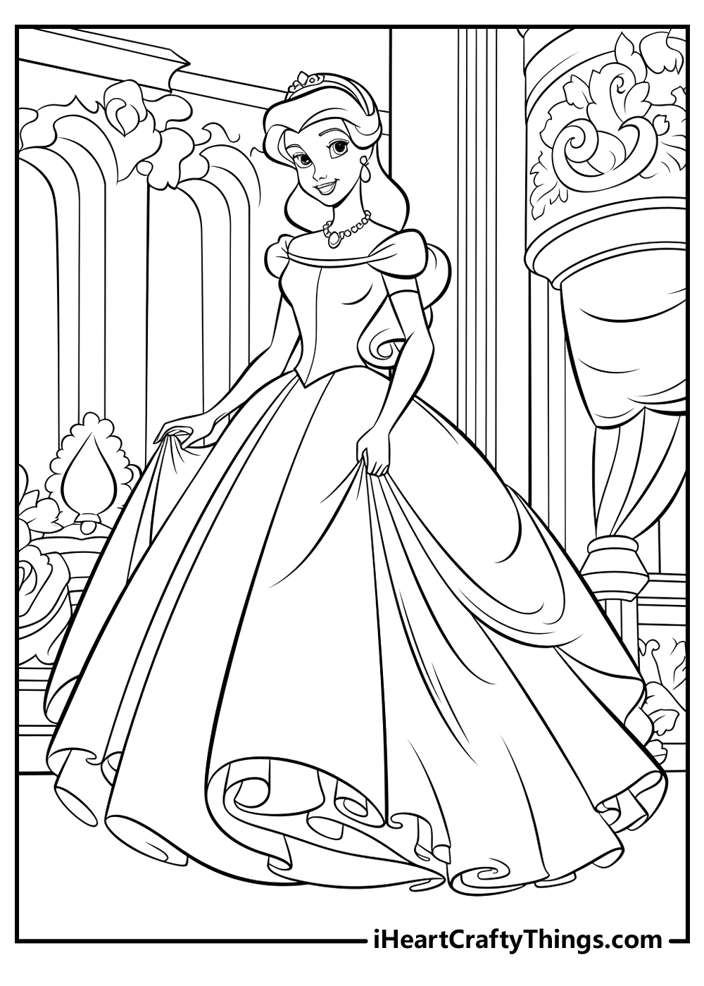 Printable pdf of a Cinderella in off the shoulder dress with a full skirt ready to dance at the royal ball