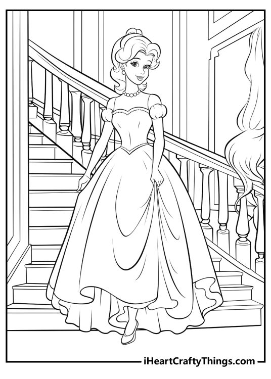 Detailed black-and-white picture featuring Cinderella in a gorgeous ball gown descending a staircase
