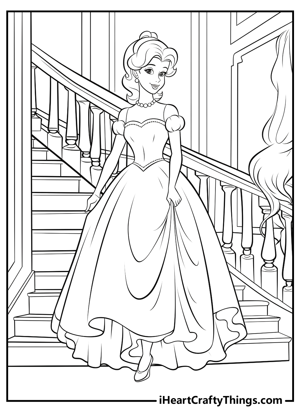 Detailed black-and-white picture featuring Cinderella in a gorgeous ball gown descending a staircase