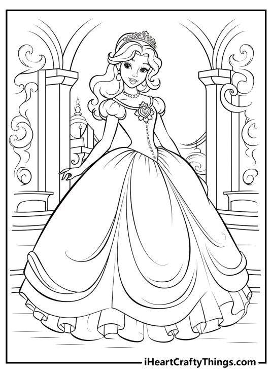 Free picture of a Cinderella in a magnificent ball gown featured in front of ornate pillars and arches