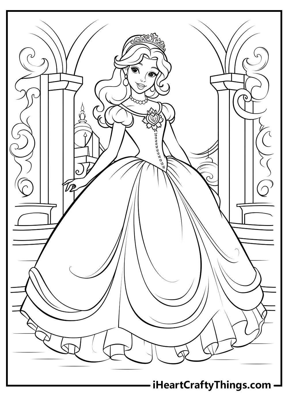 Free picture of a Cinderella in a magnificent ball gown featured in front of ornate pillars and arches