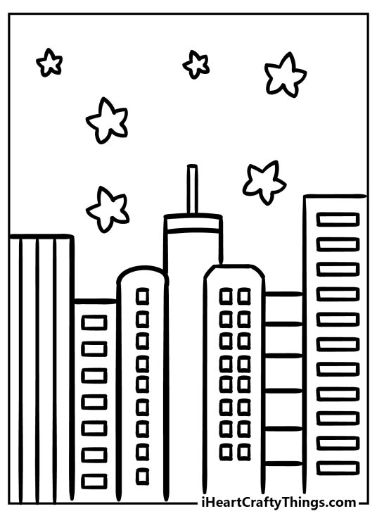 City-themed picture featuring cartoony city at a night-time with stars in the sky