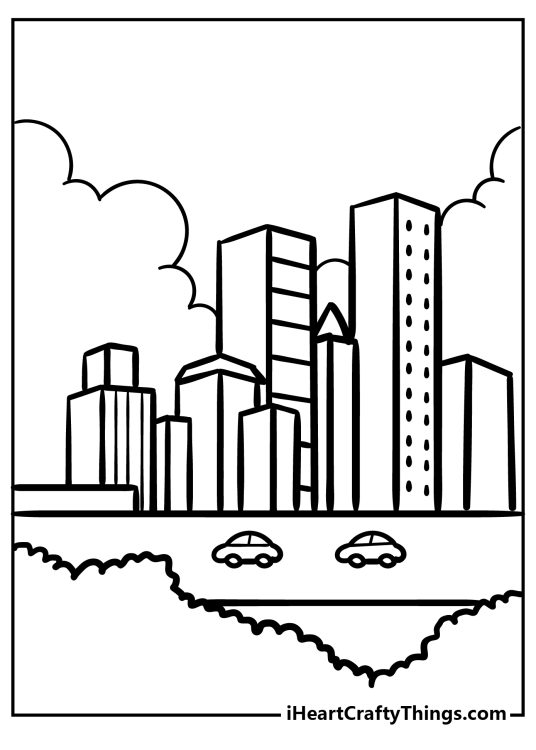 City-themed coloring image featuring two cars riding along the road in front of tall skyscrapers