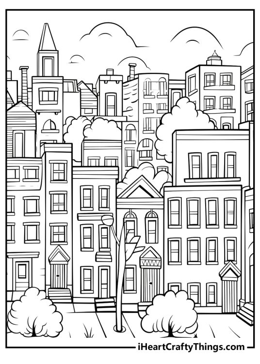 Free printable coloring sheet featuring a busy city with many beautiful buildings and houses