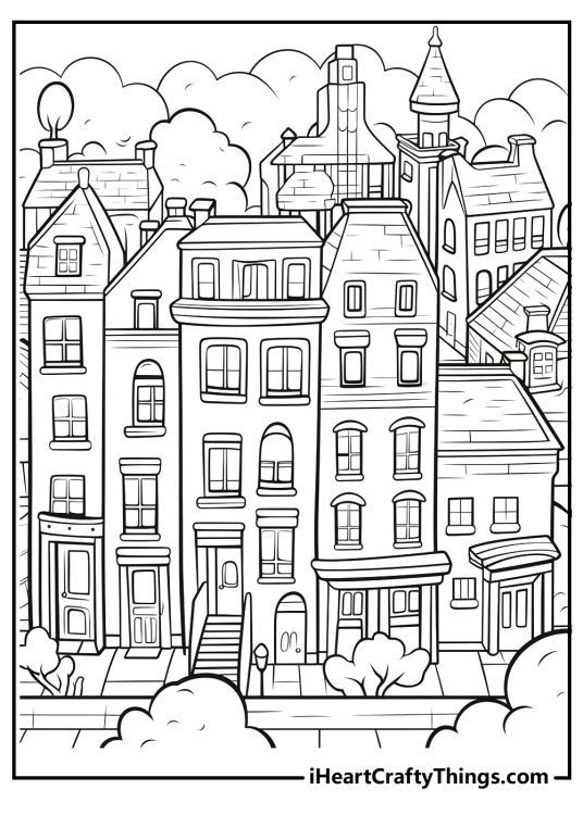 Detailed city-themed coloring image featuring busy street with rows of houses lining the lane