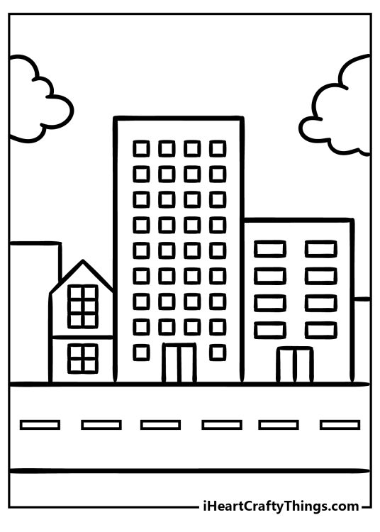 City-inspired printable featuring simple buildings which have lots of small windows surrounded by clouds