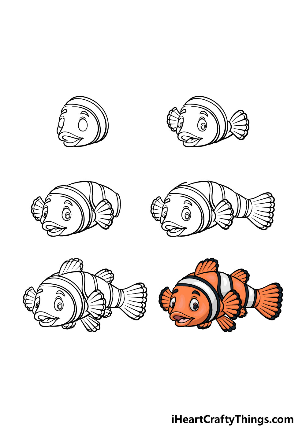 how to draw a Clownfish in 6 steps