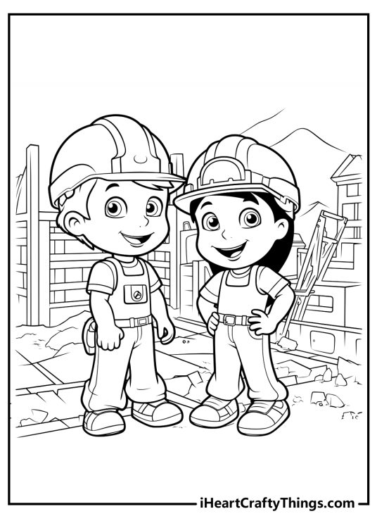 Detailed construction-themed image featuring girl and boy wearing uniforms posing in construction site