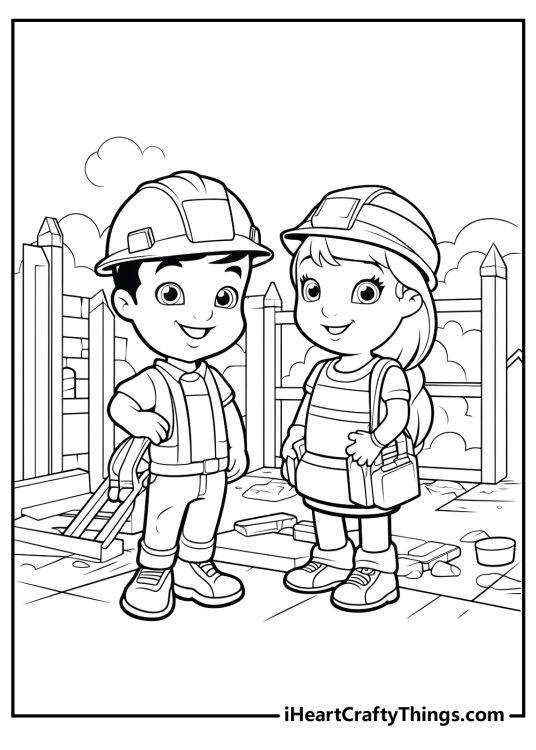 Free coloring printable featuring two young and excited builders posing in a construction site