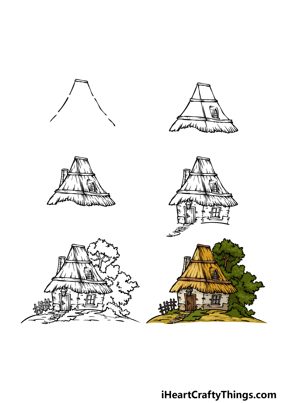 how to draw a Cottage in 6 steps