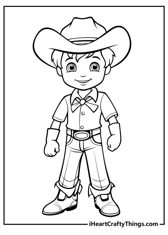 Detailed coloring drawing for kids of a young boy in a traditional cowboy clothing