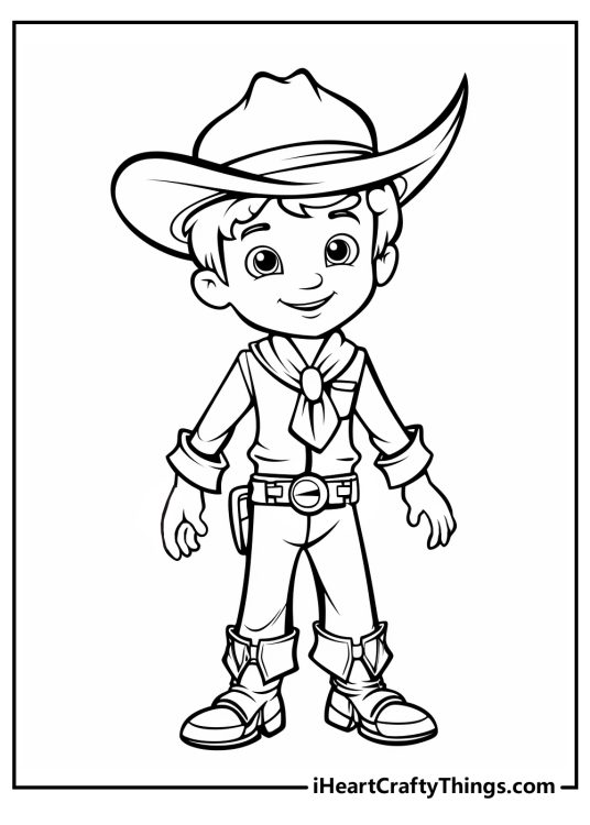 Cowboy-themed coloring sheet for kids depicting a young elegantly dressed cowboy