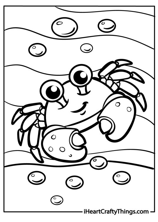 Printable image of a cartoony smiling crab with big eyes surrounded by pearls and wavy lines in the background
