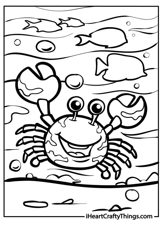 Printable picture to color featuring crab with two large claws surrounded by fish and waves in the background