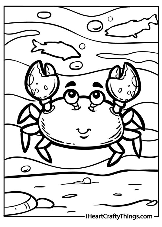 Detailed drawing featuring crab walking on the sandy ocean floor surrounded by various size fish