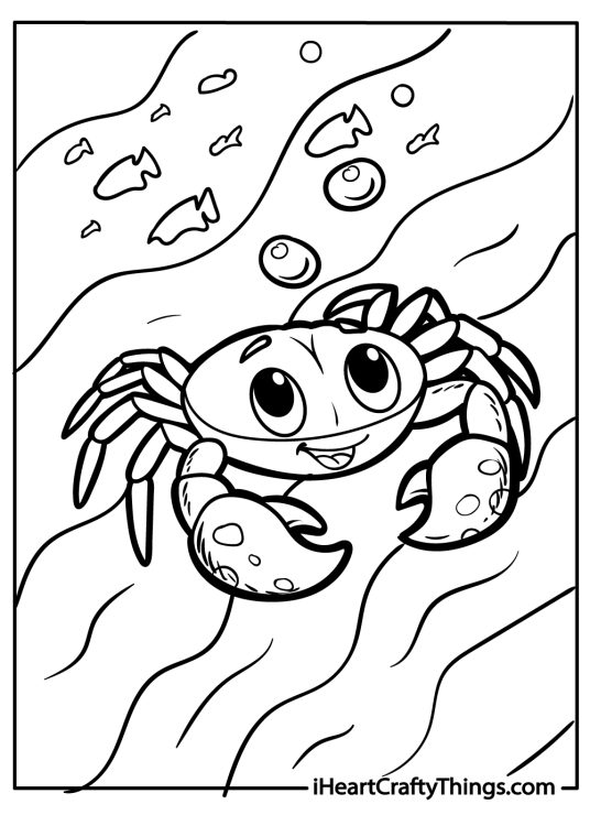 Crab-themed poster featuring crab swimming in deep waters surrounded by fish and water bubbles